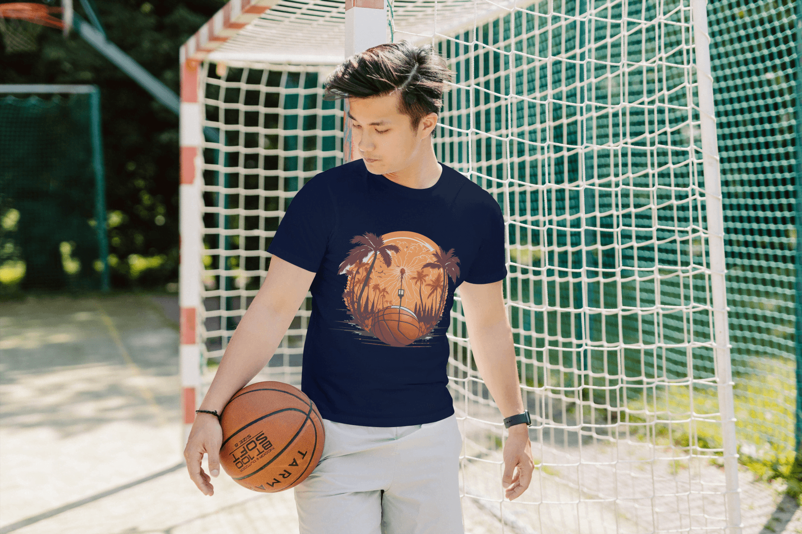 Basketball Sunset Graphic: Tropical Sports Tee - Essentia Attire
