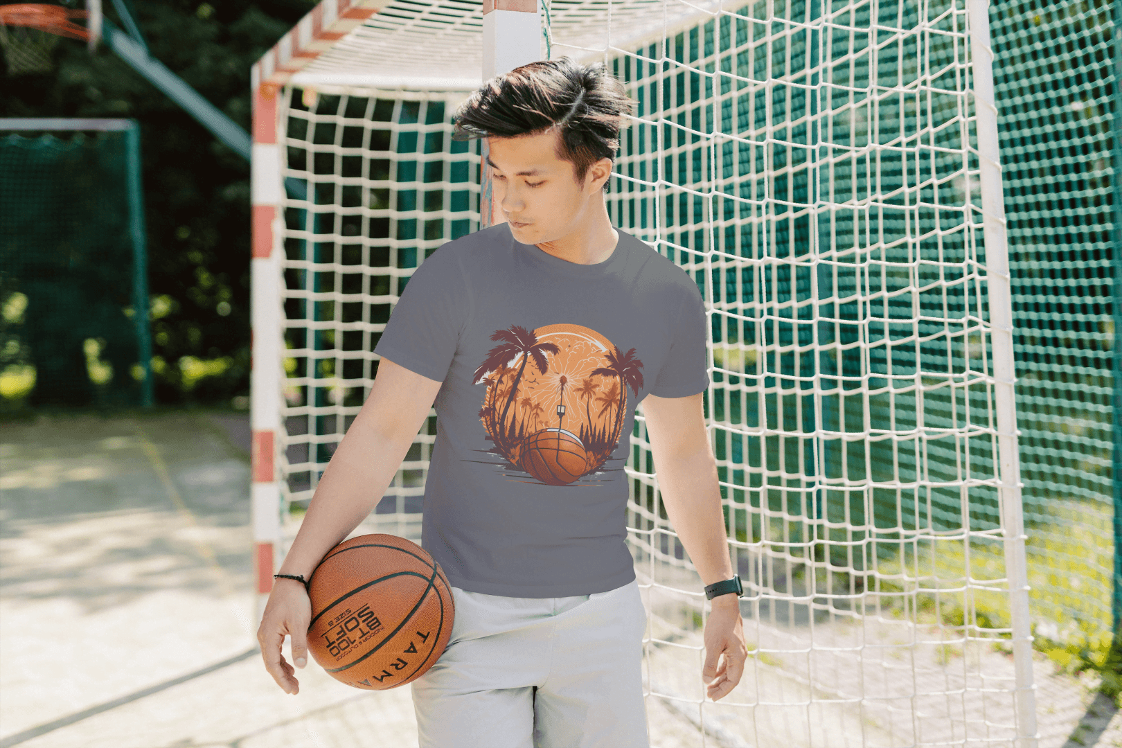 Basketball Sunset Graphic: Tropical Sports Tee - Essentia Attire