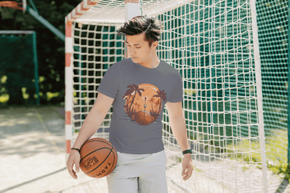 Basketball Sunset Graphic: Tropical Sports Tee - Essentia Attire