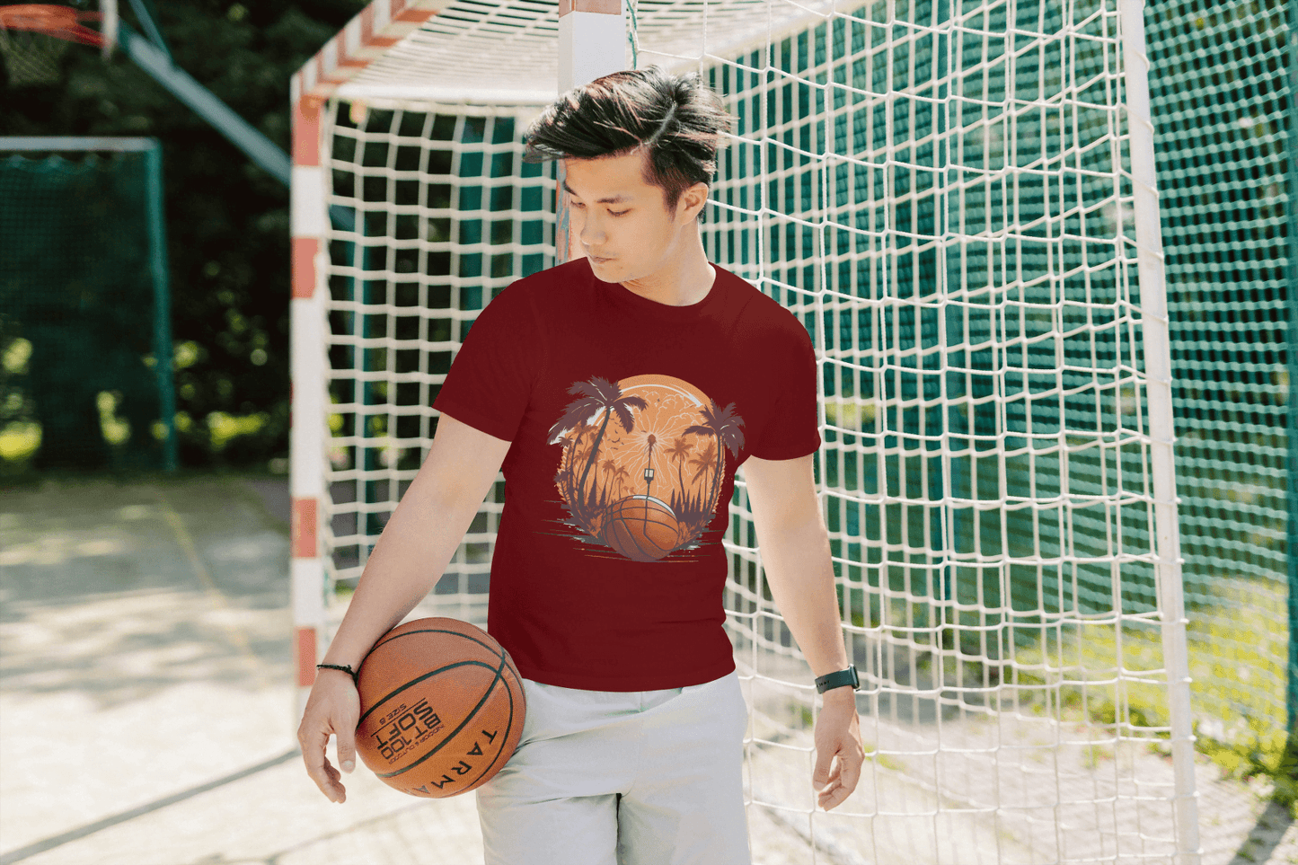 Basketball Sunset Graphic: Tropical Sports Tee - Essentia Attire