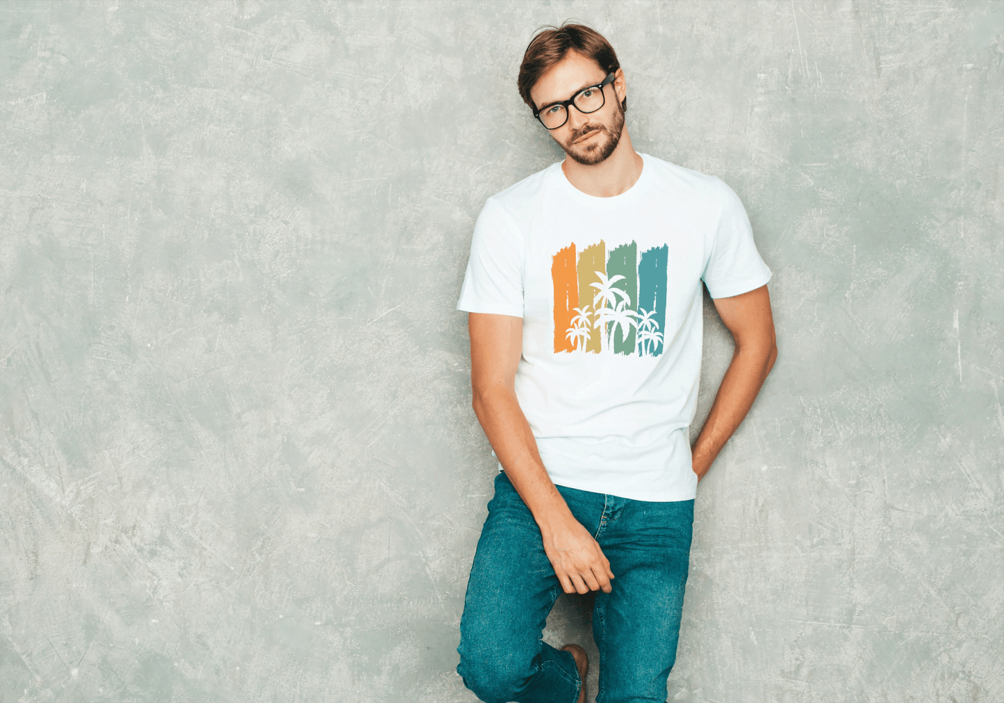 Tropical Palm Tree Stripes: Abstract Sunset Beach Tee - Essentia Attire