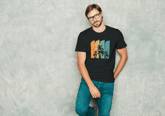 Tropical Palm Tree Stripes: Abstract Sunset Beach Tee - Essentia Attire