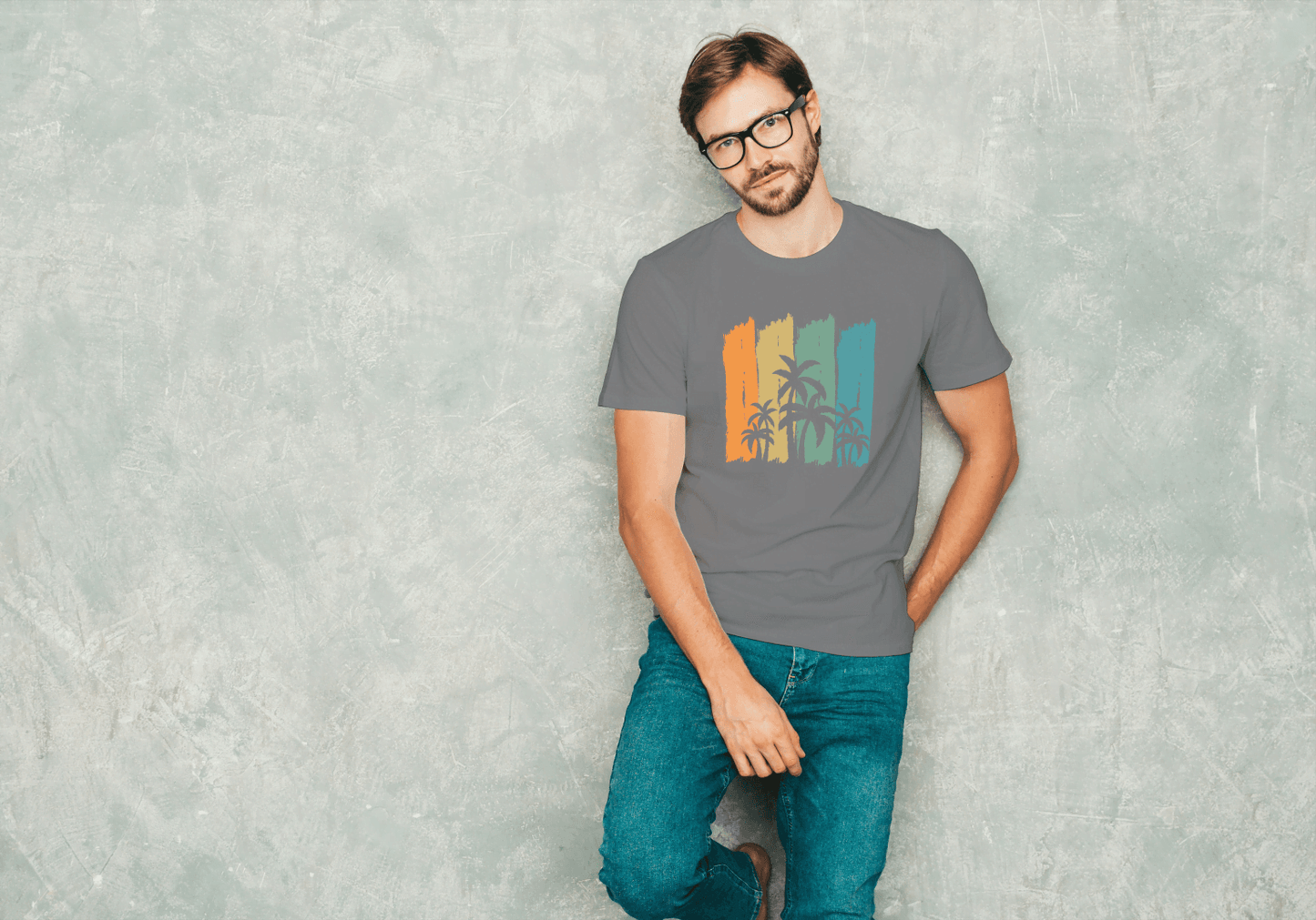 Tropical Palm Tree Stripes: Abstract Sunset Beach Tee - Essentia Attire