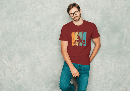 Tropical Palm Tree Stripes: Abstract Sunset Beach Tee - Essentia Attire