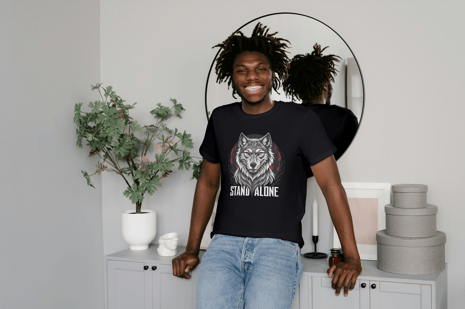 Stand Alone Wolf Tee: Red Eyes Alpha Graphic - Essentia Attire