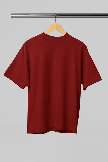 Maroon Red Oversized Plain Half-Sleeve: Unisex Drop-shoulder T-Shirt - Essentia Attire