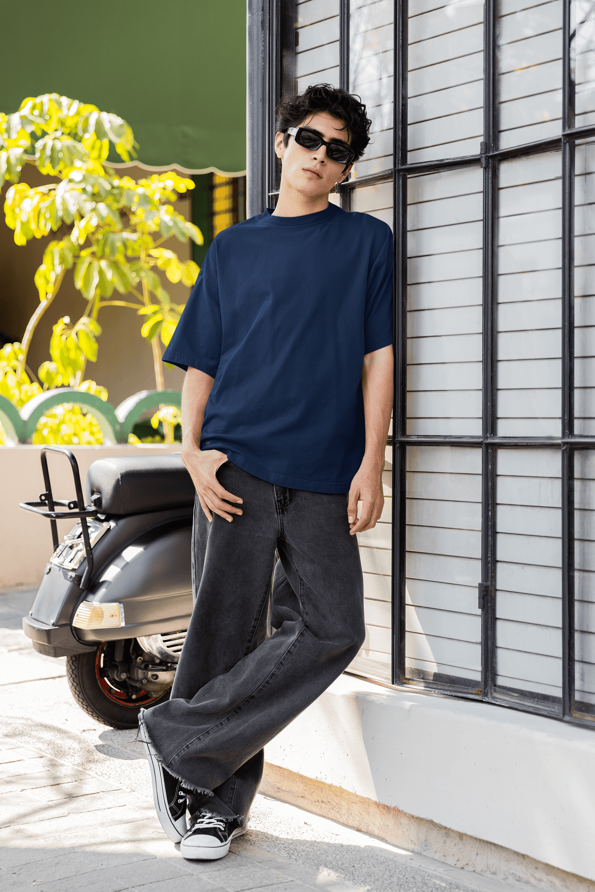 Navy Blue Oversized Plain Half-Sleeve: Unisex Drop-shoulder T-Shirt - Essentia Attire
