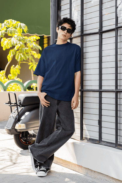 Navy Blue Oversized Plain Half-Sleeve: Unisex Drop-shoulder T-Shirt - Essentia Attire