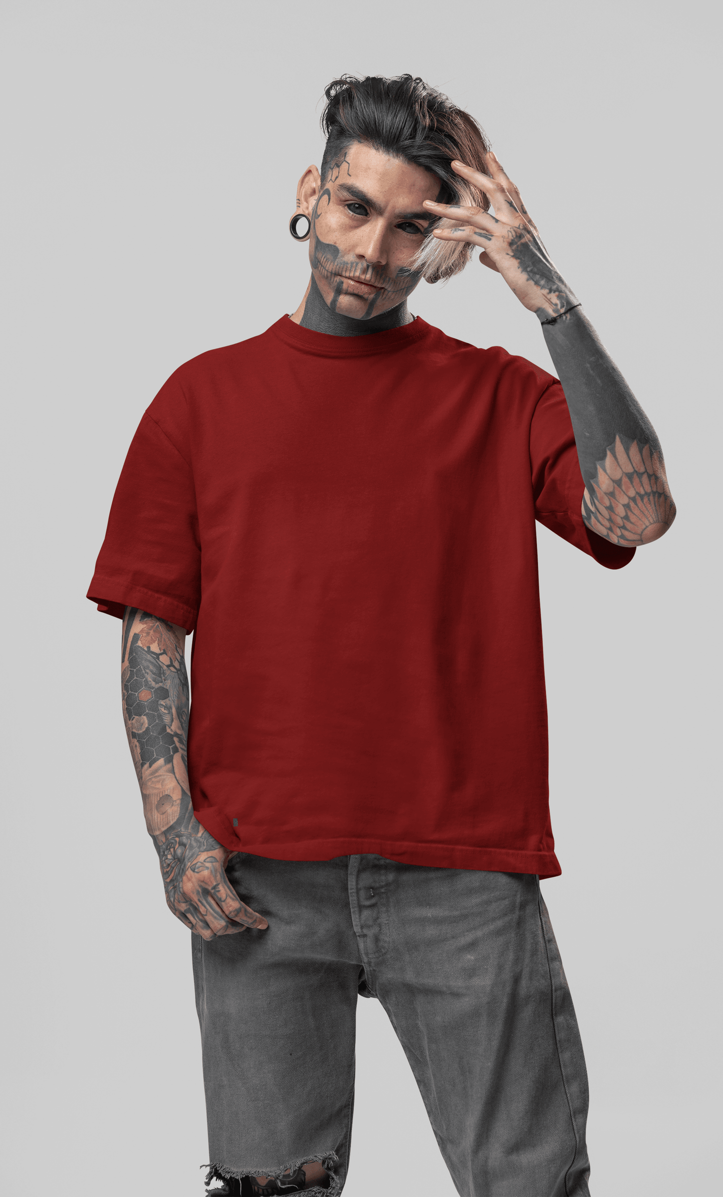 Maroon Red Oversized Plain Half-Sleeve: Unisex Drop-shoulder T-Shirt - Essentia Attire