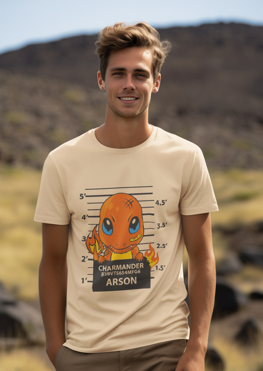 Charmander "Arrested for Arson" Pokémon: Fire Type Anime Graphic Tee - Essentia Attire