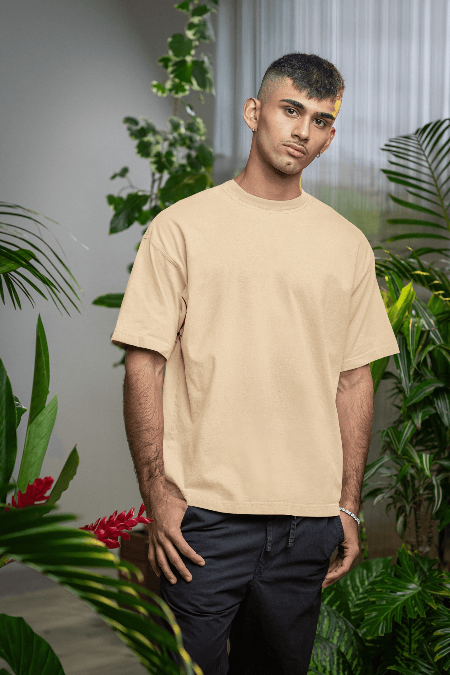 Biege Oversized Plain Half-Sleeve: Unisex Drop-shoulder T-Shirt - Essentia Attire