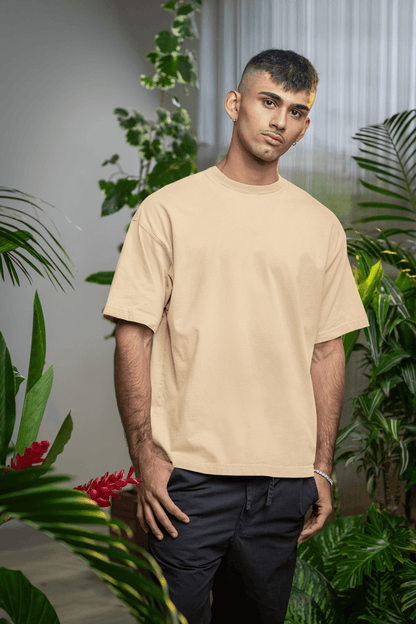 Biege Oversized Plain Half-Sleeve: Unisex Drop-shoulder T-Shirt - Essentia Attire